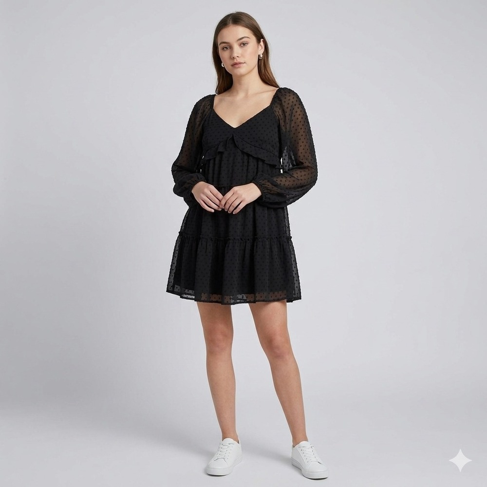 Altar'd State Kiki Mini Dress XL Black Swiss Dot Tiered Sheer Balloon Sleeve NWT